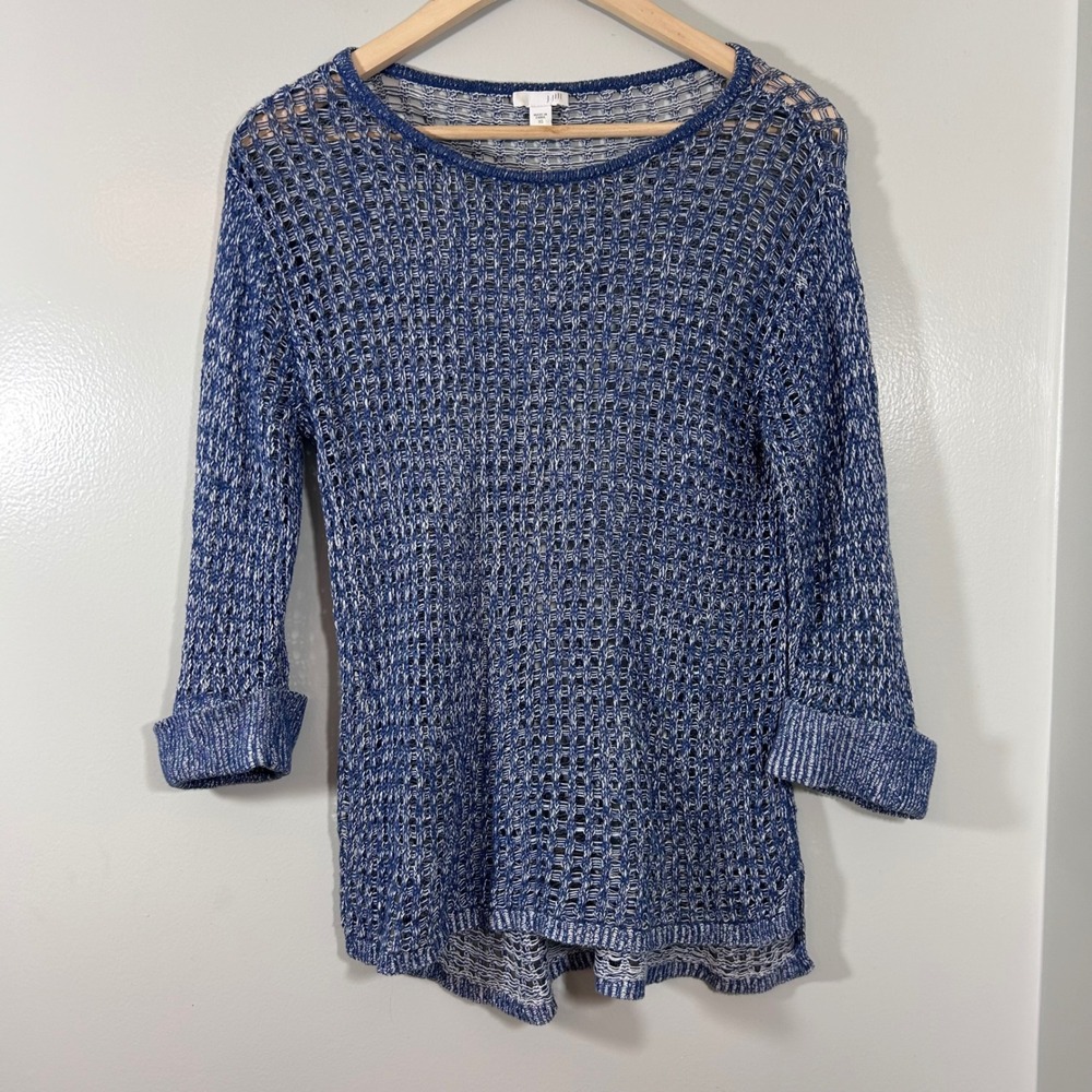 J. Jill Blue Marled Open Knit Linen Cotton Sweater XS 3/4 Sleeve Crew Neck